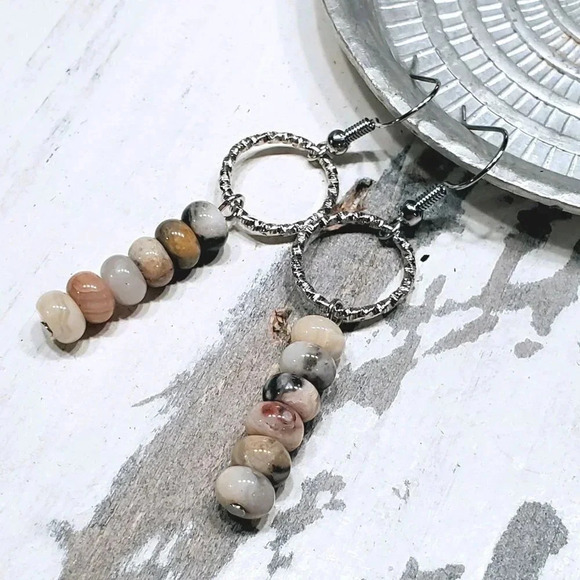 Agate Gemstone Rondelle Beads Textured Silver Ring Handcrafted Earrings - Picture 10 of 11